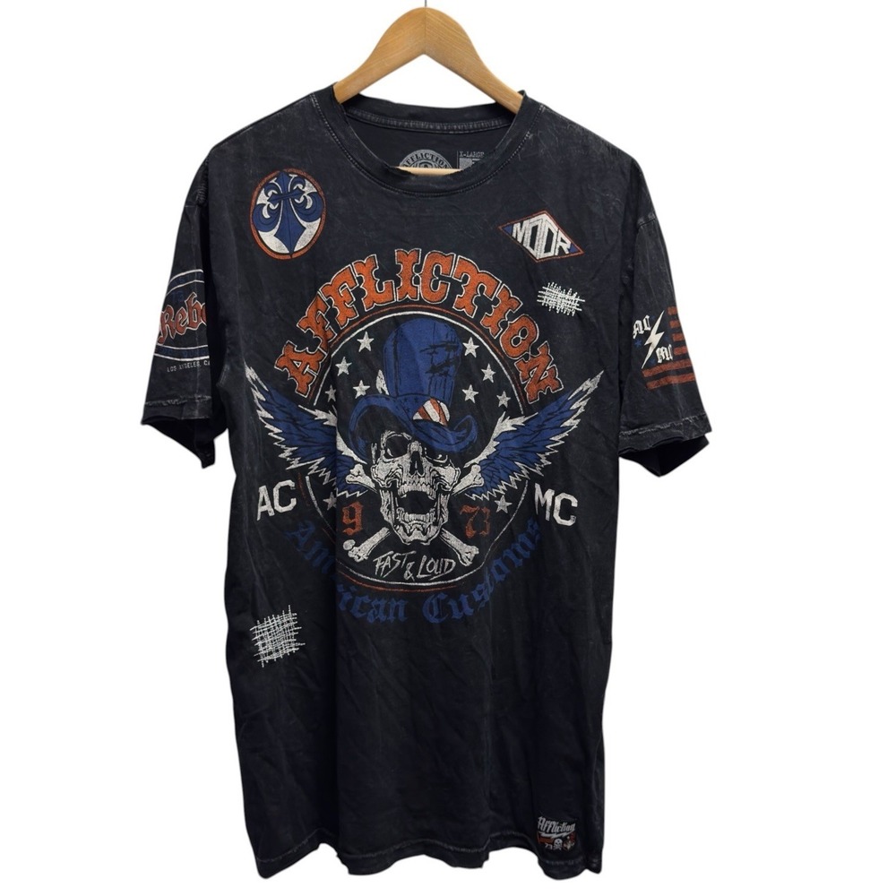 Affliction Mens XL American Customs Live Fast Skull Crossbones Black T-Shirt USA